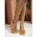 Ankle Wrap Strappy Lace Up Heeled Square Toe Sandals