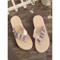 Ethnic Style Geo Pattern Espadrilles Wedge Heel Platform Straw Beach Vacation Flip Flops