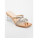 Rhinestones Detail Metallic Criss Cross Sheer Straps Slip On Sculptural Heeled Sandals