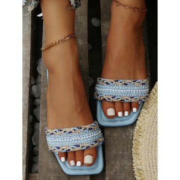 Square Toe Rhinestone Beading Design Slippers