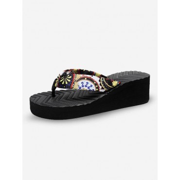 Beach Vacation Printed Boho Style Wedge Heeled Platform Flip Flops
