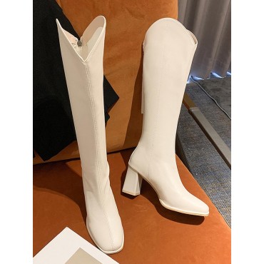 Chunky Heel Zip Back Solid Color Knee-High Boots
