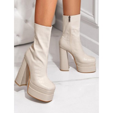 Embossed Side Zip Platform Mid-calf Boots