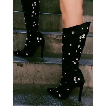 Rhinestone Design Pointed Toe High-heeled Knee Boots