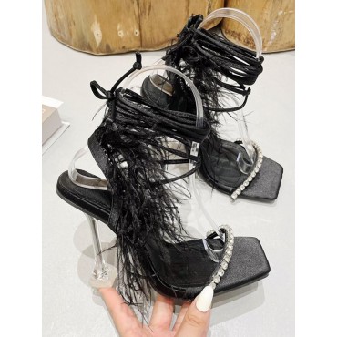 Fluffy Feather Rhinestone Decorated Lace Up Strappy Clear Heel Pumps