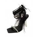 Fluffy Feather Rhinestone Decorated Lace Up Strappy Clear Heel Pumps