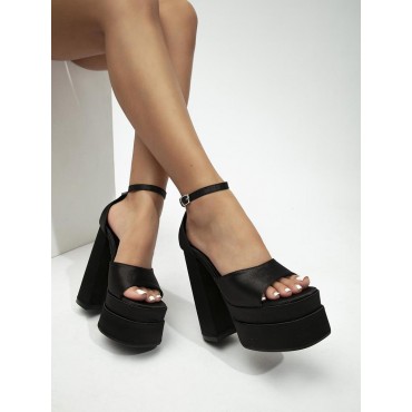 Pair Of Prom Party Satin Platform Peep Toe Sky-high Block Ankle Strap Chunky Pumps Sandals