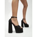Pair Of Prom Party Satin Platform Peep Toe Sky-high Block Ankle Strap Chunky Pumps Sandals