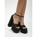 Pair Of Prom Party Satin Platform Peep Toe Sky-high Block Ankle Strap Chunky Pumps Sandals