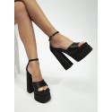 Pair Of Prom Party Satin Platform Peep Toe Sky-high Block Ankle Strap Chunky Pumps Sandals