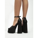 Pair Of Prom Party Satin Platform Peep Toe Sky-high Block Ankle Strap Chunky Pumps Sandals