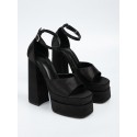 Pair Of Prom Party Satin Platform Peep Toe Sky-high Block Ankle Strap Chunky Pumps Sandals