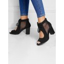 Bow Decor Mesh Panel Cutout Chunky Heel Peep Toe Pumps