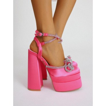 Pair Of Rhinestoned Bowknot Crisscross Ankle Strappy Platform Chunky Heel Satin Pumps