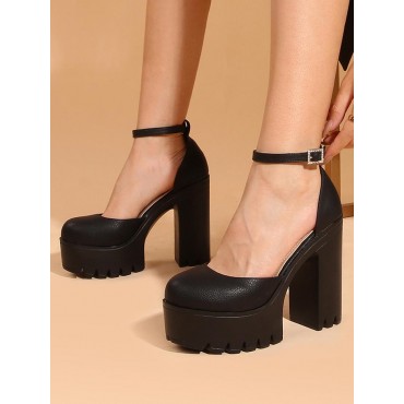 Women's Solid Color Platform Block High Heels Rhinestone Decor Ankle Strap Slingback Pumps