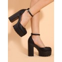 Women's Solid Color Platform Block High Heels Rhinestone Decor Ankle Strap Slingback Pumps