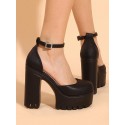 Women's Solid Color Platform Block High Heels Rhinestone Decor Ankle Strap Slingback Pumps