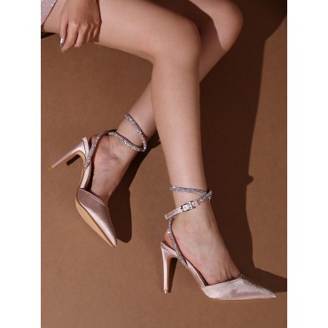 Women's Fashion Elegant Daily Rhinestones Decor Criss Cross Slingback Ankle Wrap Buckle Strap Closed Pointed Toe High Heeled Sandals Pumps